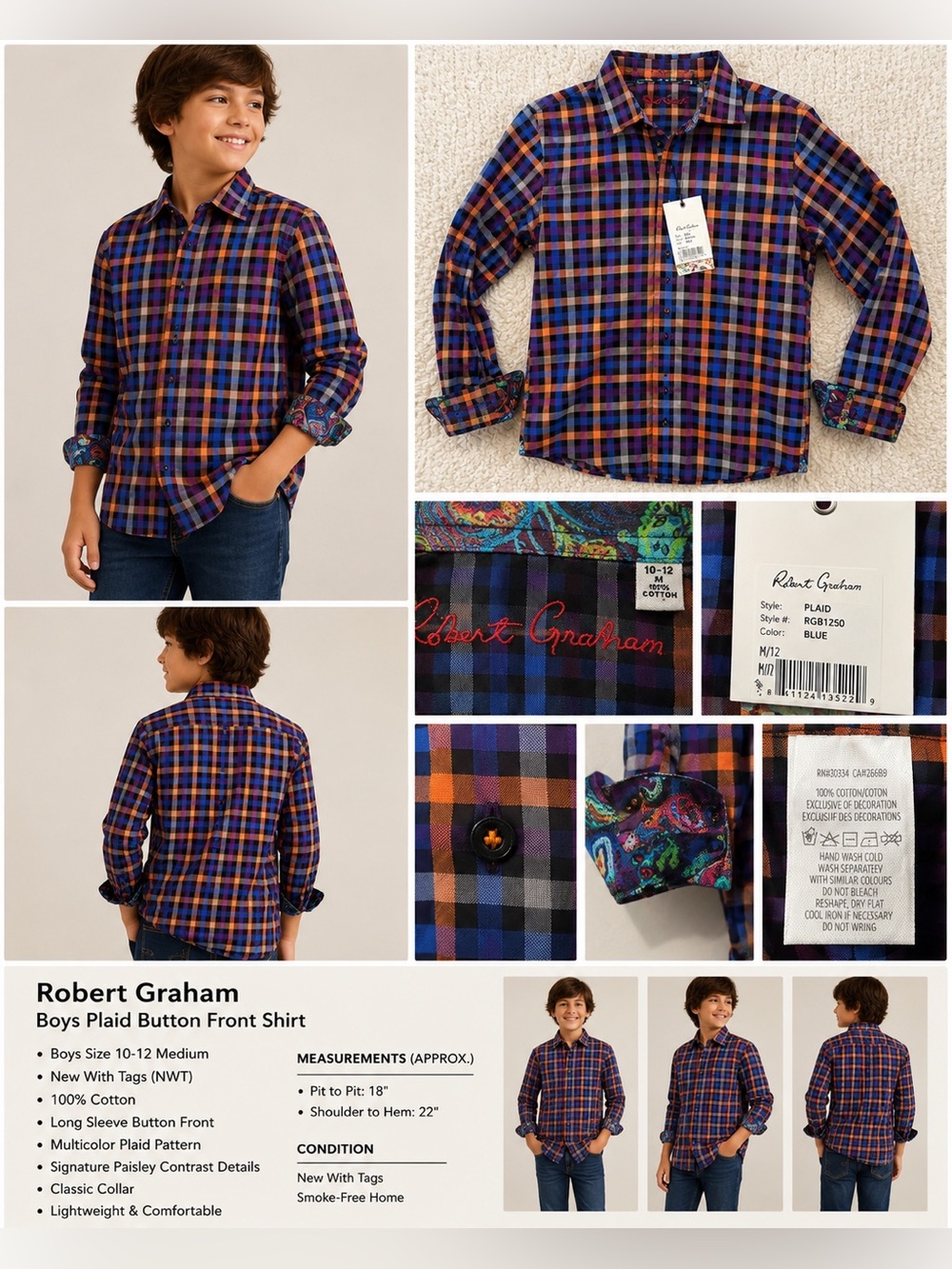 Robert Graham Boys 10-12 M Plaid Button Front Shirt NWT Blue Purple Orange